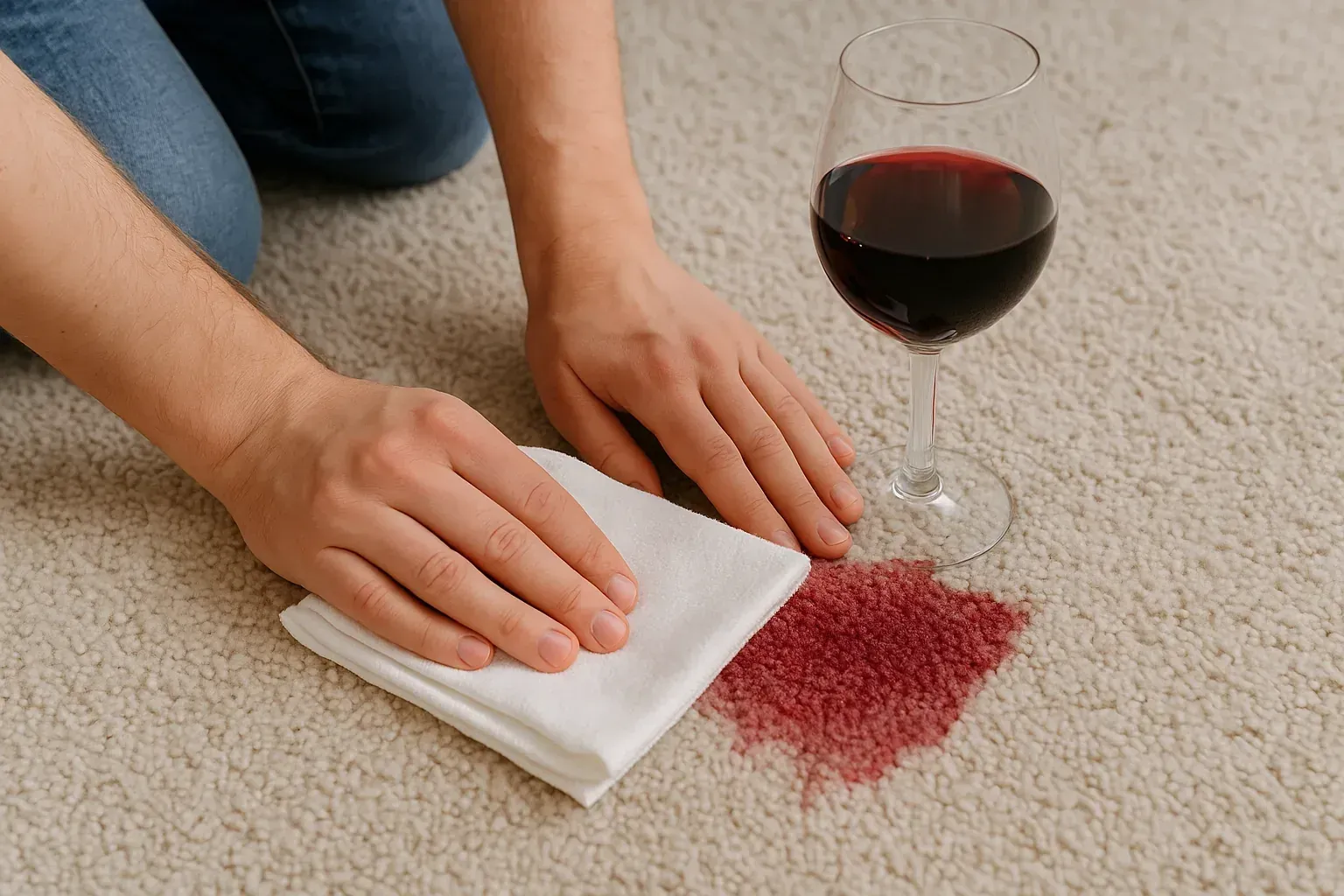 A person blotting a red wine stain on a light-coloured carpet with a white cloth.