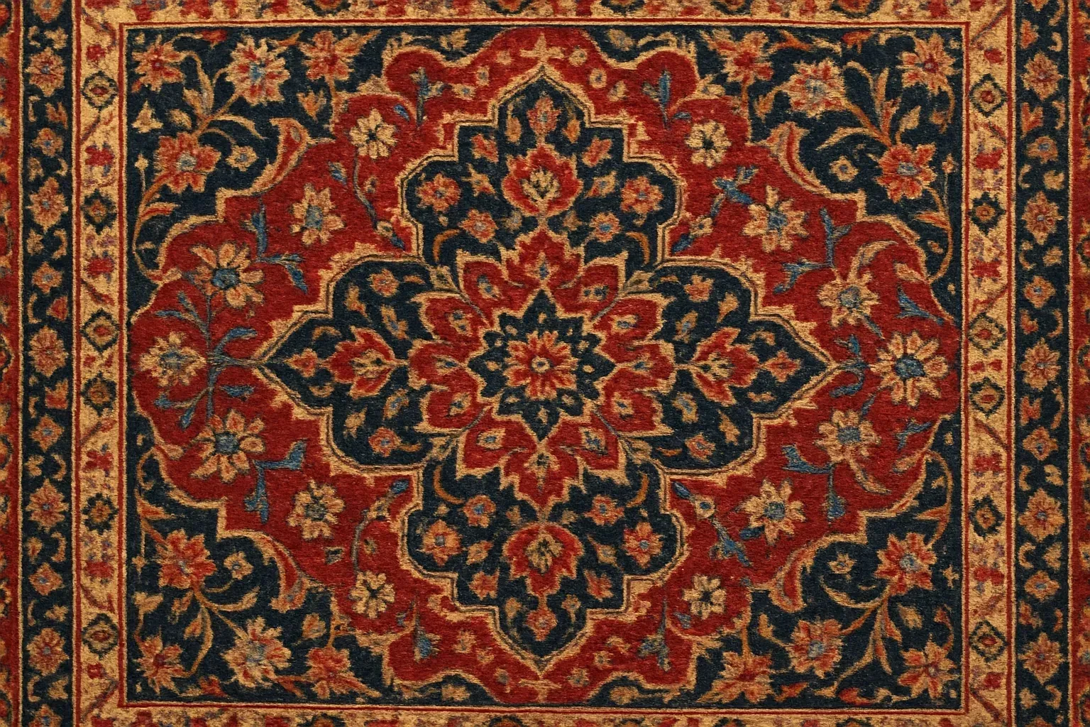 A detailed close-up of the intricate patterns and rich colours of a well-cared-for Persian rug.