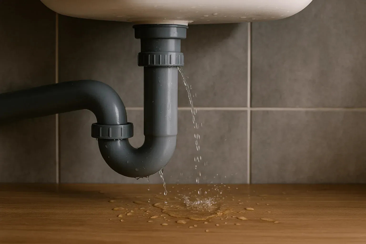 Water leaking from a pipe under a sink