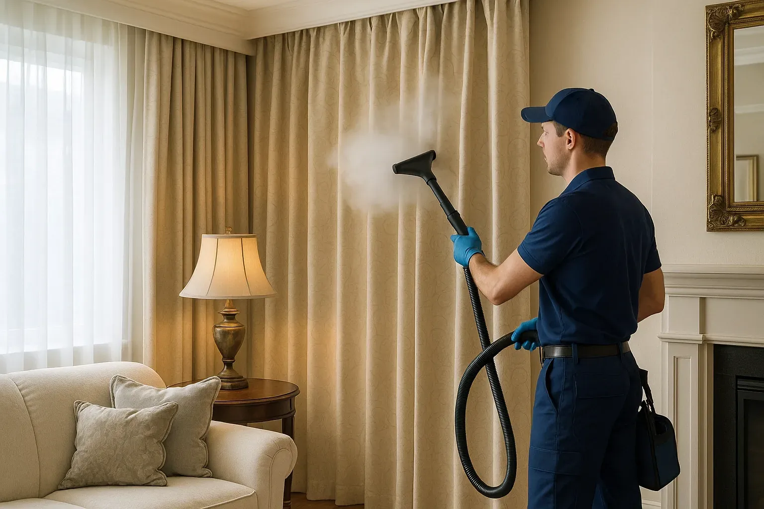 Technician steam cleaning elegant curtains in a living room