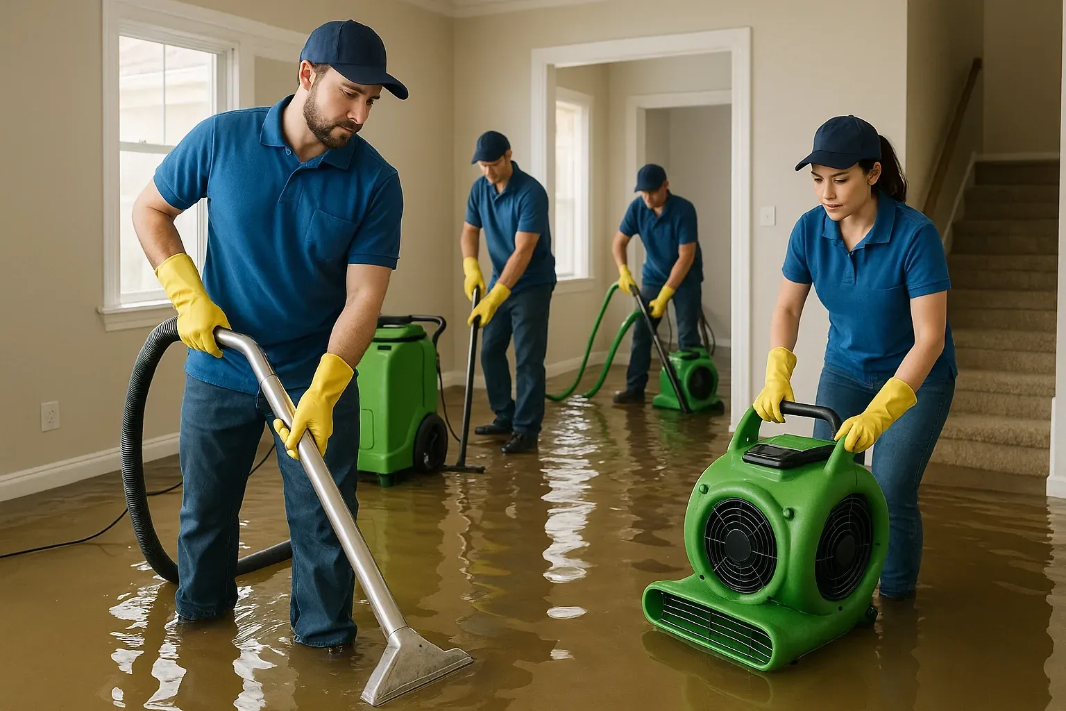 Flood damage restoration team using extraction equipment in a flooded home