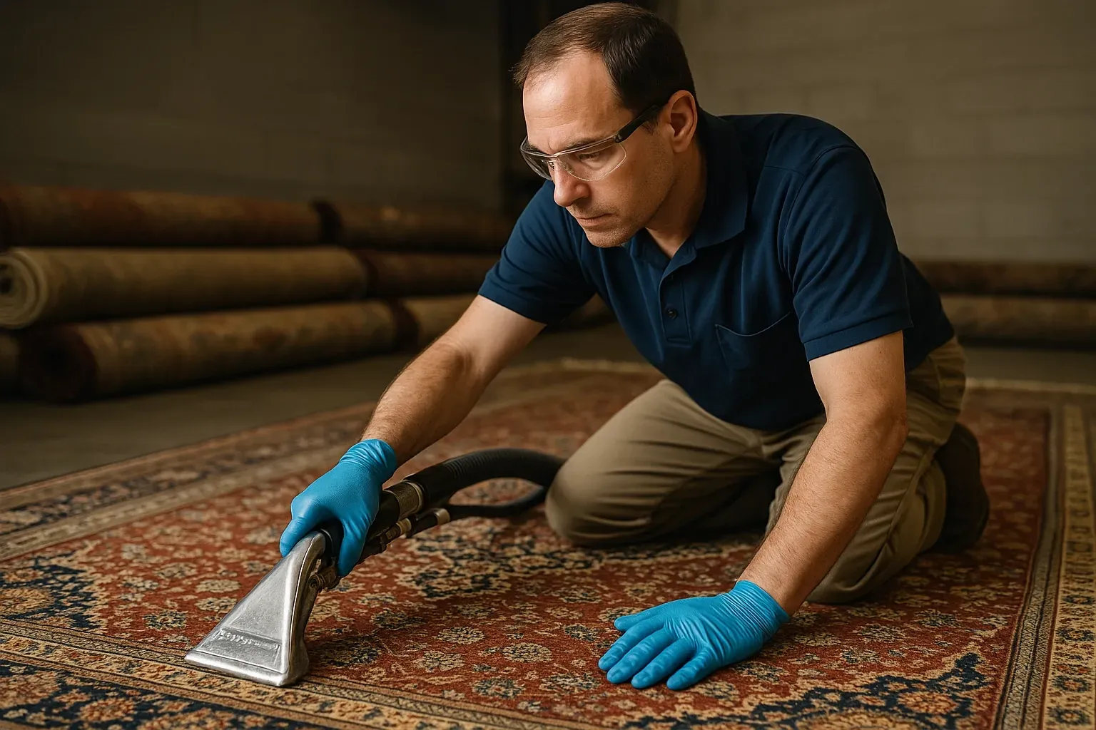 Expert technician carefully cleaning a beautiful oriental area rug